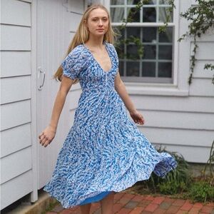 Banjanan Floral Norma Midi Dress in Shadow Blue Marina - Size Medium